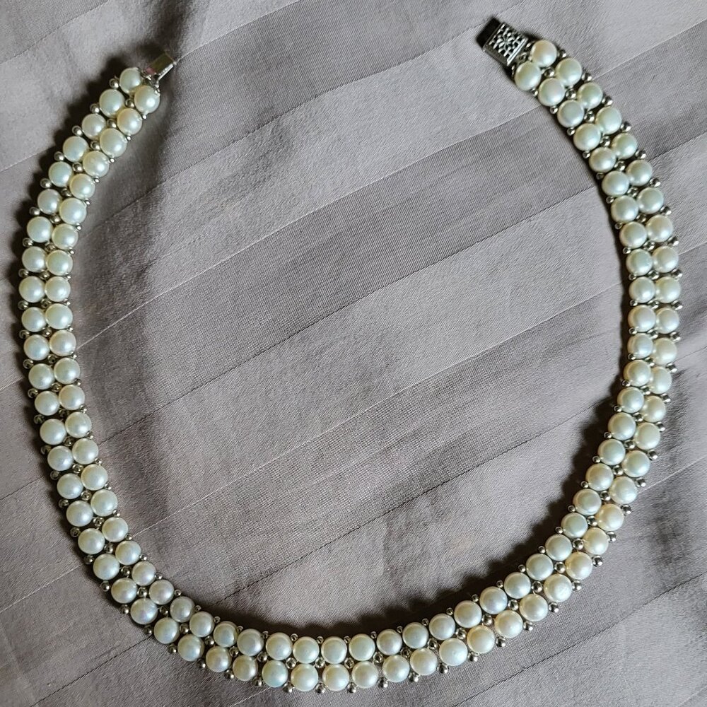 VINTAGE STERLING SILVER CULTURED PEARL CHOKER NECKLACE - Picture 6 of 11